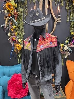 Embellished Black Denim Fringe Jean Jacket with Embroidered Yoke